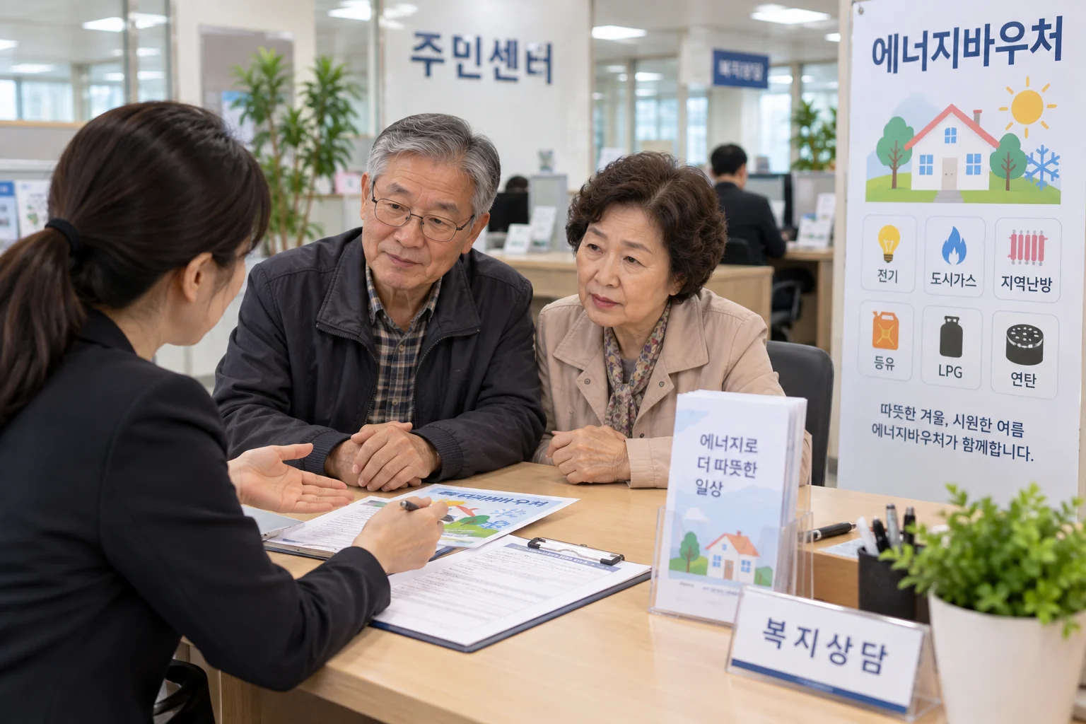 주민센터에서 어르신 부부가 에너지바우처 하절기 요금 미차감을 상담하는 모습