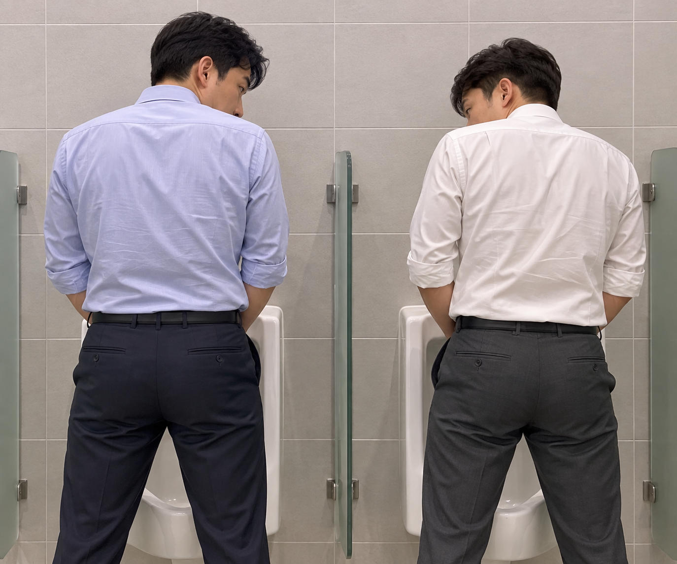 공중화장실 소변기 앞에 서 있는 두 남성의 뒷모습, 남성 성기 크기 비교에 대한 심리적 관심을 표현한 이미지